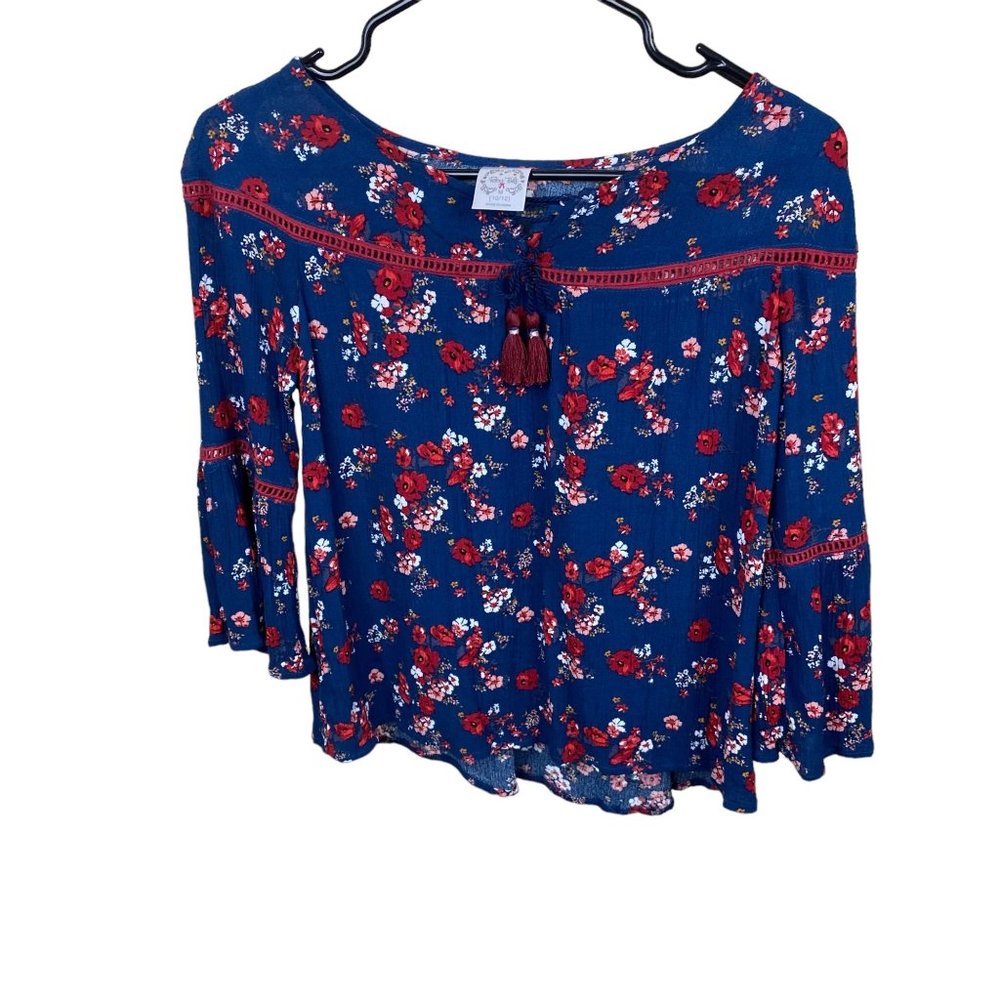Pony Tails girl's blouse, size Medium, floral, boho, crochet, ties with tassels